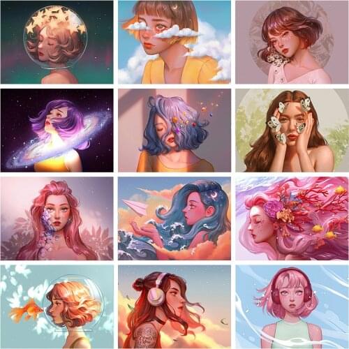 Full Round Cartoon Girl Portrait Diamond Embroidery 5D DIY Diamond Painting Mosaic Home Decoration Gift New