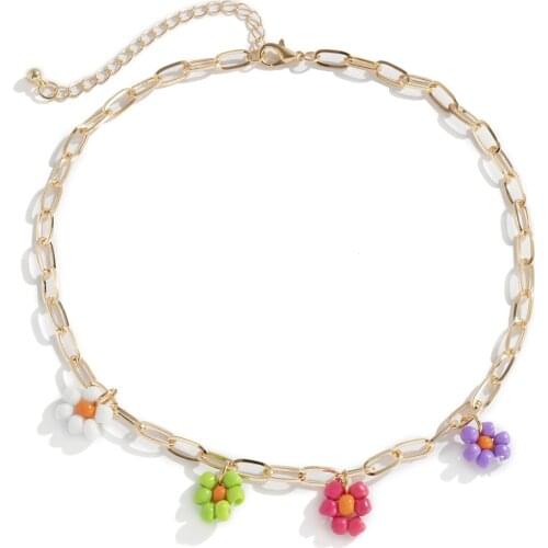 New Korea Lovely Daisy Flowers Colorful Beaded Cute Charm Statement Short Choker Necklace for Women Girls Party Vacation Jewelry