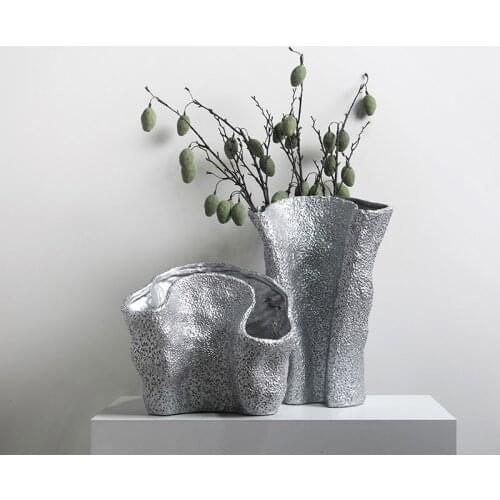 Special Shaped Wide Mouth Rough Texture Silver Resin Crafts Floral Vase Ornaments For Home Living Room Porch Hotel Accessories