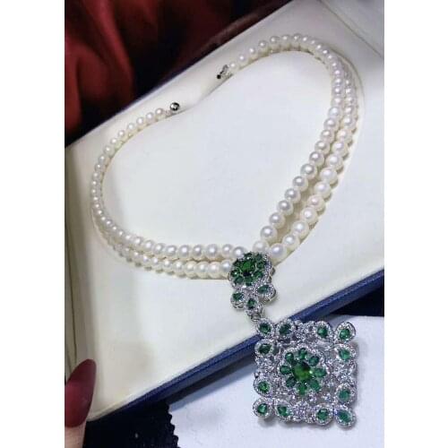 Hand knotted noble 2 rows 7-8mm white freshwater pearl micro inlay green zircon accessories necklace