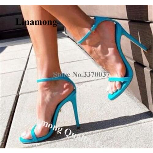 Linamong Simple Style One Straps Stiletto Heel Gladiator Sandals Ankle Straps Blue Pink Suede High Heel Sandals Club Dress Heels