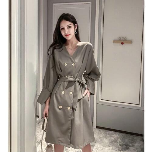 New arrival womens fashion high quality elegant solid formal dress comfortable vintage Double-breasted cute long a-line dress