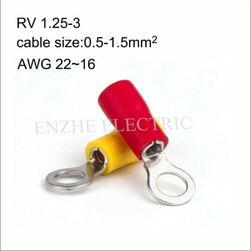 1000PCS copper insulated ring terminal RV1.25-3/4/5/6/10 AWG22-16 Imax 19A 0.5-1.5mm2 Cold pressed terminal O type