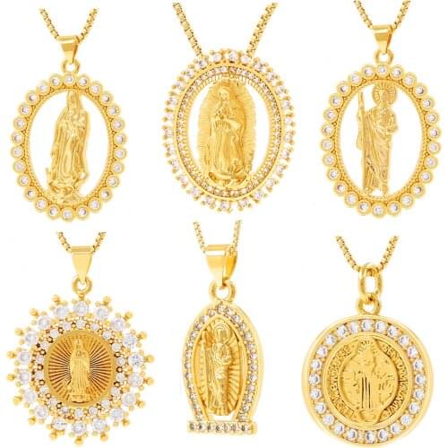 2021 Fashion Copper Virgin Mary Pendant Necklace Gold Bijoux CZ Crystal Necklace Women Fashion Pendant Catholic Jewelry