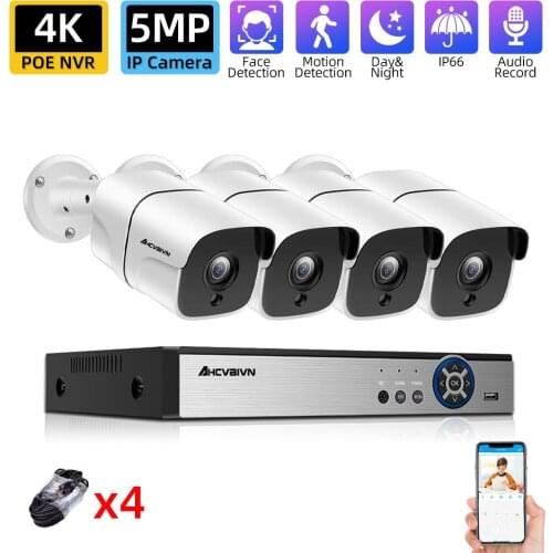 4K H.265 4CH POE NVR Super HD 5MP POE Smart Camera System Kit Audio AI Face Detection Outdoor IP66 Waterproof Video CCTV Set