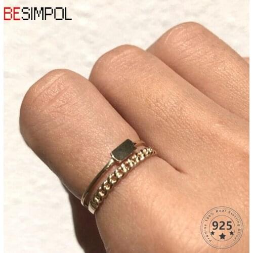 Besimpol Real 925 Sterling Silver Ring Minimalist Double Layers Lock Chain Adjustable Open Rings For Women Fine Jewelry Gifts
