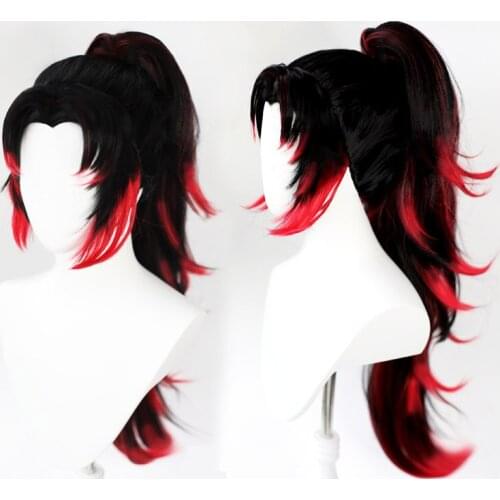 Demon Slayer: Kimetsu no Yaiba Tsugikuni Yoriichi Cosplay Wigs High-temperature Fiber Black and Red Hair With free hair cap