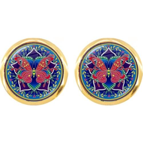 Classic Mandala Flower Butterfly OM Symbol Buddhism Zen Picture Glass Cabochon Stud Earring Vintage Golden Color Jewelry Women