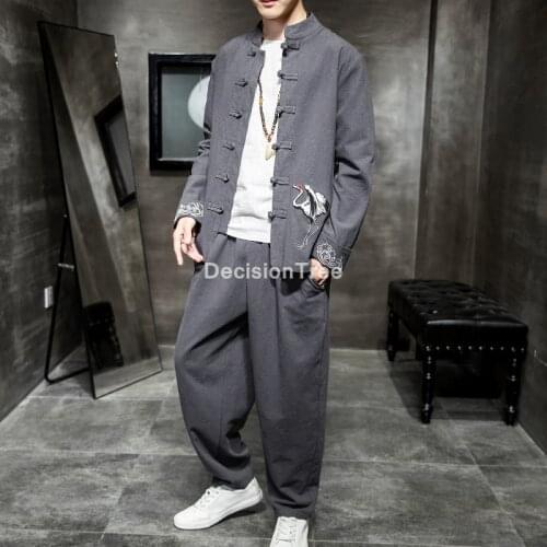 2021 men embroidery chinese style tang suit men long sleeve shirt&pants male traditional clothes mandarin collar kung fu sets