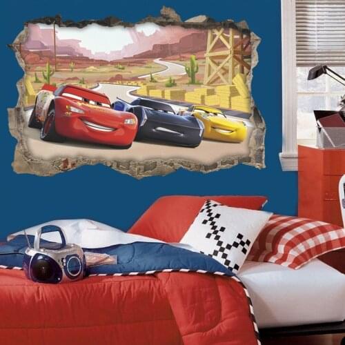 3d disney cars through wall stickers for kids rooms home decor cartoon lightning mcqueen wall decals pvc mural art diy posters