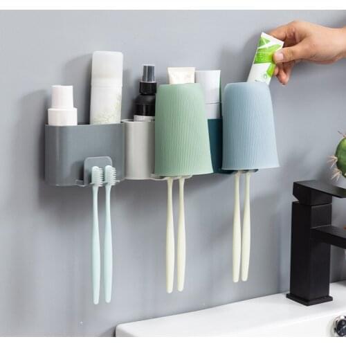 Toothbrush Holder Rack with Cup Holder Adhesive Wall-mounted Toothpaste Storage Stand with Drainage Holes for Bathroom TS1