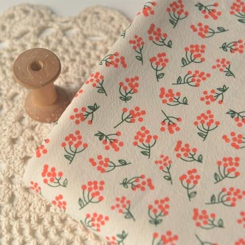 Orange Red Small Fruit Flower Branch Twill Cotton Fabric Long Skirt Tops Tablecloth Sofa Towel Pillowcase Fabric