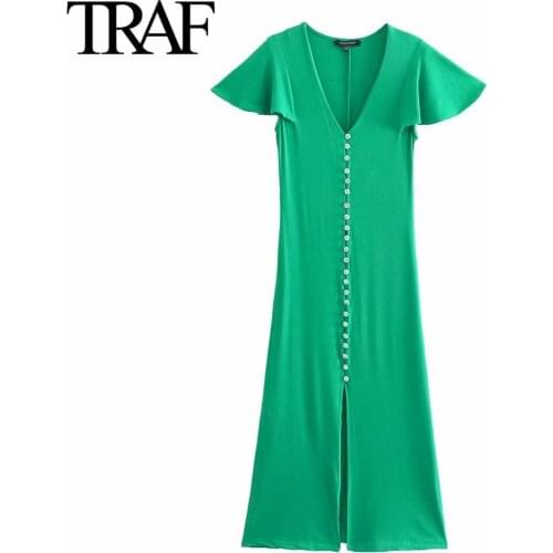 Traf Za Women Fashion Ruffle Short Sleeves V-neck Dress Summer Female Green Elegant Long Dresses MIDI Dress Vestidos Mujer