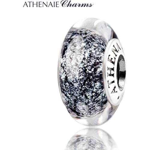ATHENAIE Genuine Black Murano Glass Bead 925 Silver Core Fluorescent Charm Bead Fit All European Bracelets Gift for Thanksgiving