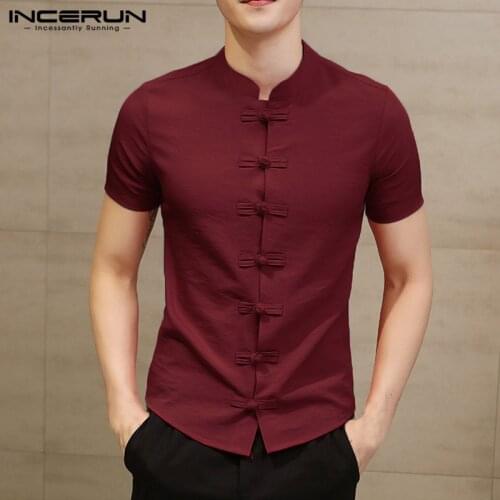 INCERUN Chinese Style Traditional Shirt Men Short Sleeve Vintage Elegant Shirt Solid Color Slim Men Casual Dress Shirts Chemise
