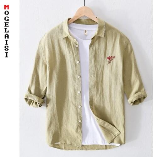 High quality 100% linen shirt men half sleeve embroidery comfortable casual shirts men solid Breathable tops clothing L542