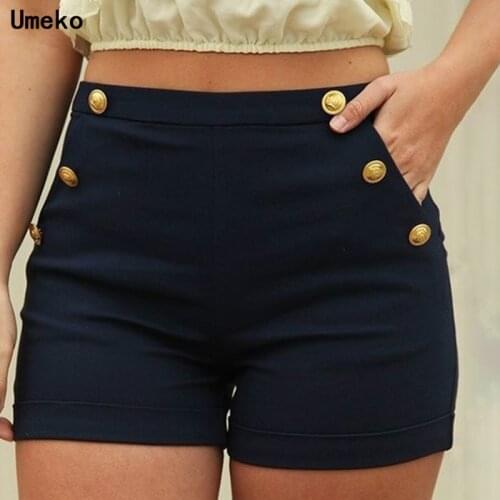 Umeko 2020 New Fashion Pockets Button Tight-fitting Solid Shorts Casual Regular High Elastic Waisted Shorts for Women Plus Size