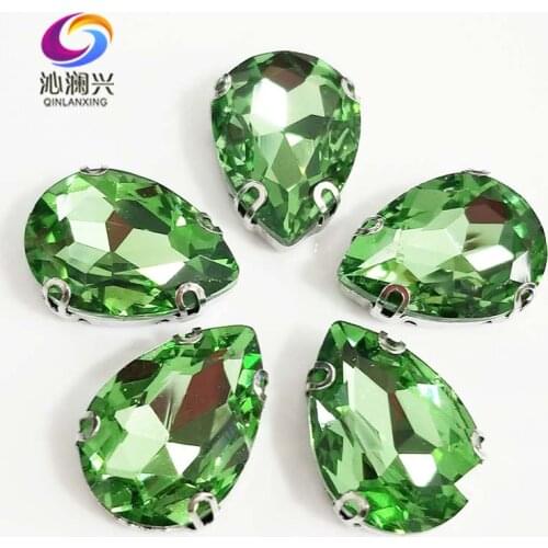 Light green DR shape High quality Glass Crystal sew on Anti hook claw rhinestones with holes,Diy Clothing accessories SWSD15