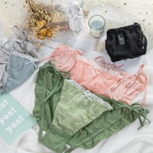 6-color Lolita Girl Bilateral Lace-up Briefs Low Waist Lace Edge Girl Ice Silk Pure Color Printing Plaid Fresh Green Breathable
