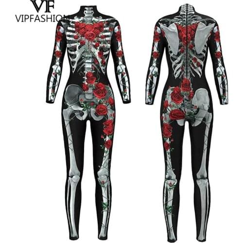 VIP FASHION 2019 New Products 3D Rose Skeleton Print Rompers Halloween Costumes For Women Black Jumpsuit Party Bodysuit