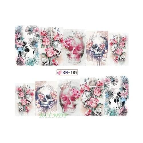 Water sticker for nail art decoration slider skull with pink flower crown watercolor design decal lacquer accessoires