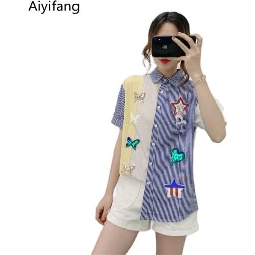 Korean Fashion Brand Striped Shirts Summer Womens Short Sleeve Sequins Embroidery Single-breasted Loose Long Blouse Tops Coats