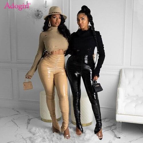 Adogirl Women Solid PU Leather Pleated Pencil Pants Elastic High Waist Split Bottom Slim Casual Trousers