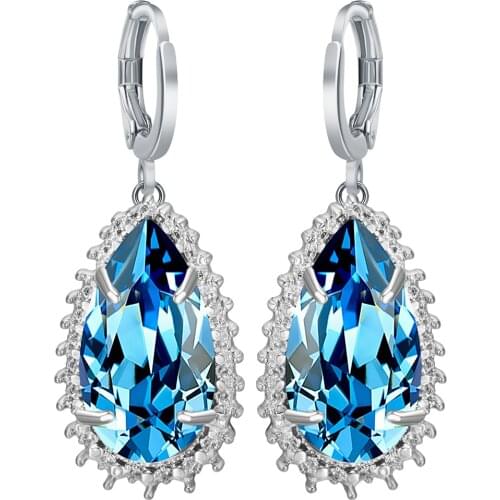 Hainon Cheap Long Water Design Silver Color Hoop Earring for Women Hot Sale Fashion Jewelry Large Size Blue Red Zircon Earring