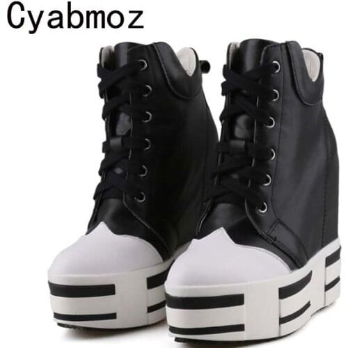Genuine Leather Women High Top Sneakers Invisible Increase 13CM Casual Shoes Femme High Platform Wedges Shoes