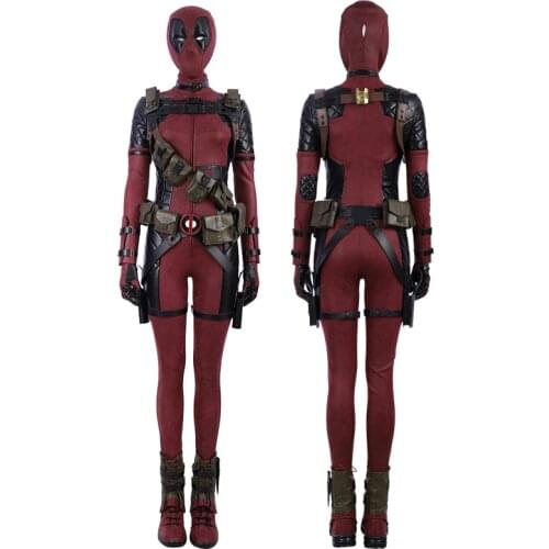 Lady Dead Pool Cosplay Costume Wade Jumpsuit Halloween Role-Playing Faux Leather Bodysuit Deluxe Full Set With Accessories