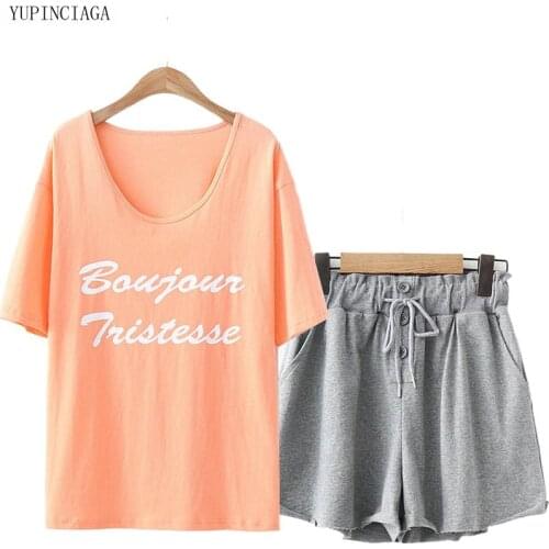 2 Pieces Sets Women Summer Korean Casual Letter Print Short Sleeve T shirt + Lace-Up Shorts Sweet Style Girls Suits