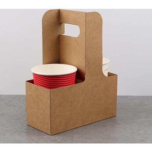 10 Pcs Kraft cup holder Drink Tray For 2 Cup TTake-out With Handle Portable Coffee shop Party Supplies Takeaway Cup Holder