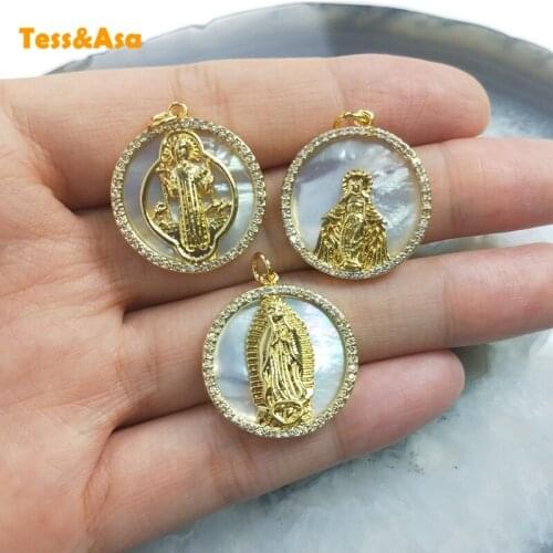 5pcs Mother of Pearl Shell Pendant CZ Micro Pave Religion Charm Round Gold Coin Pendant Shell For Women Necklace Jewelry Finding