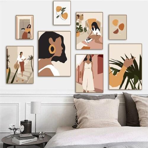 Boho Style Plant Print Abstract Fashion Woman Poster Vintage Girls Wall Art Canvas Painting Nordic Wall Pictures Bedroom Decor