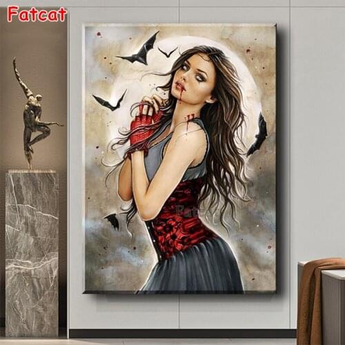 5D Diamond Painting Full Square Round Vampire Girl Picture DIY Diamond Embroidery Gothic Demon Woman Home Gift PP1629