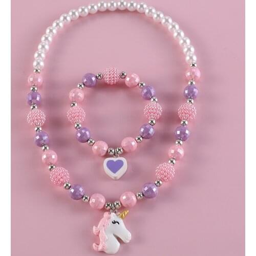 2021 Trend Unicorn Bracelet Necklace Kids Set Resin Pendant + Acrylic Childrens Beads, Childrens Lovely Princess Style