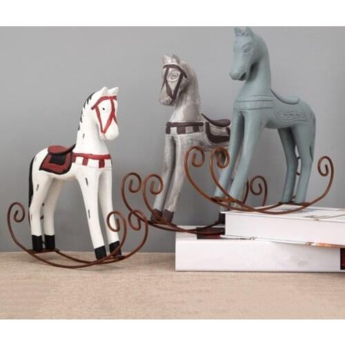 European Wooden Rocking Horse Statue Wedding Decor Home Office Desktop Decorative Ornament Collectible Crafts Kids Birthday Gift