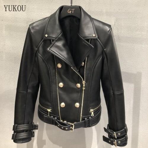 Hot Sellers Woman Coats Natural 100% Sheepskin Leather Jackets 2019 Female Motorcycle Sheepskin Leather Garment Overcoat