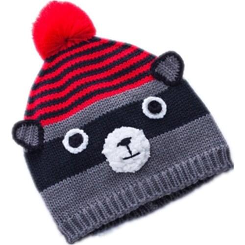 Cartoon Anime cute raccoon Grizzly bear wool Cotton knitting winter Warm plush hat kid baby Animals Soft Cosplay Cap Beanies pom