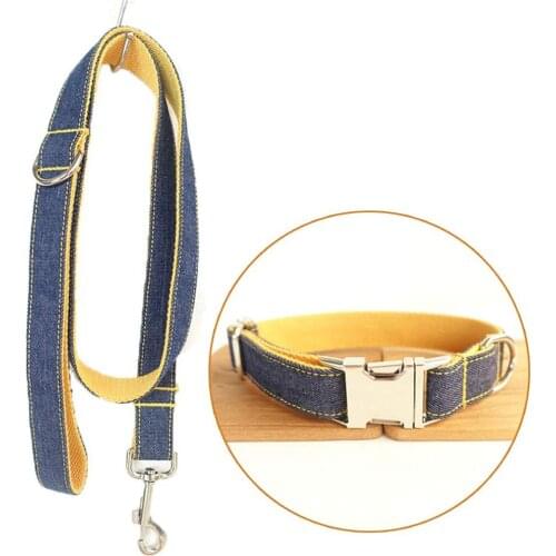 Dog Leash Collar Set Leash Adjustable Outdoor Cowboy Pet Collar Set Jean Leash Collar Heavy Duty Denim Dog Leash Collar Yellow
