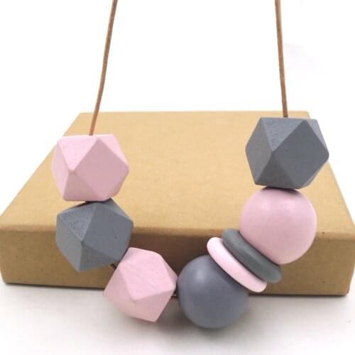 Hand painted GREY PINK necklace with Geometric Beaded wood pendant gift chunky statement ball NW396