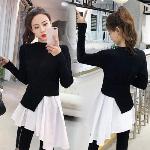 Korean patchwork knitted irregular sweater dress long sleeve pullover fake two piece dresses 2020 vintage black slim mini dress