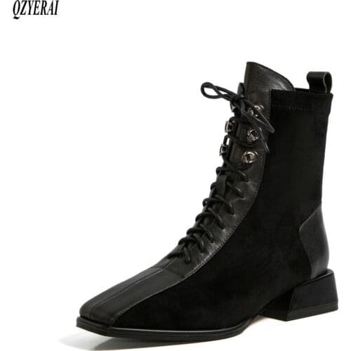 QZYERAI New winter Genuine leather Women boots fashion Female boots keep warm Square head Women shoes Size 34-42