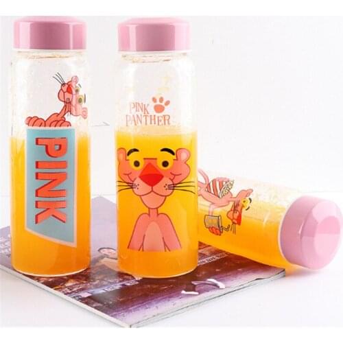 Glass Bottle Fashion Pink Panther Drinking Cups Portable Water Bottle For Kitchen Accessories Glass Water Mugs