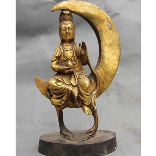 Tibet Copper Bronze Gild Crescent GuanYin Kwan-yin Boddhisattva Buddha Statue