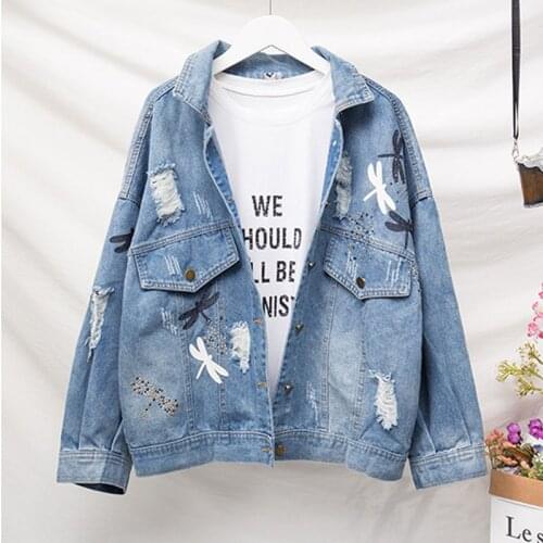 2021 New Autumn Denim Jacket Large Size Loose Hole Jeans Jackets Turn Down Collar Oversize Female Casual Outerwear Plus Size4XL