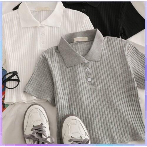 Womens Tee Shirt Lapel Polo Tshirt Crop Top Harajuku Vintag Tops Tees Kpop Aesthetic Short Sleeve High Waist Striped Solid Top