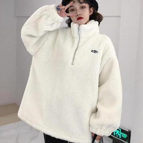 Winter Lambswool Womens Pullover Sweatshirt With Letter Embroidery Printing Harajuku Loose All-match Sweatshirt Flannel Coat