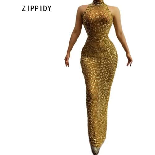 Full Gold Rhinestones Transparent Dress Womens Birthday Celebrate Dress Mesh Outfit Bar Dance Show Long Dress