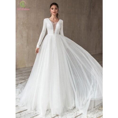 SSYFashion New Bride Wedding Dress Elegant V-neck Long Sleeve White Backless A-line Court Train Wedding Gowns Vestidos De Novia